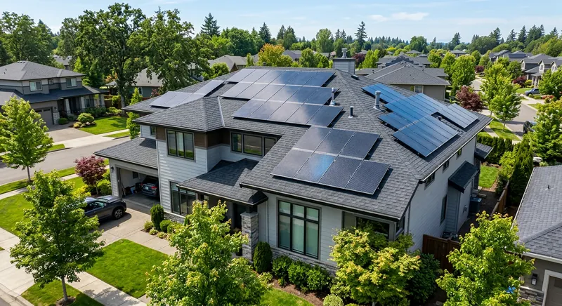 Row of solar panels installed on a residential roof on a sunny day