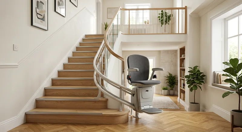 Stair lift chair installed on a rail along a straight residential staircase
