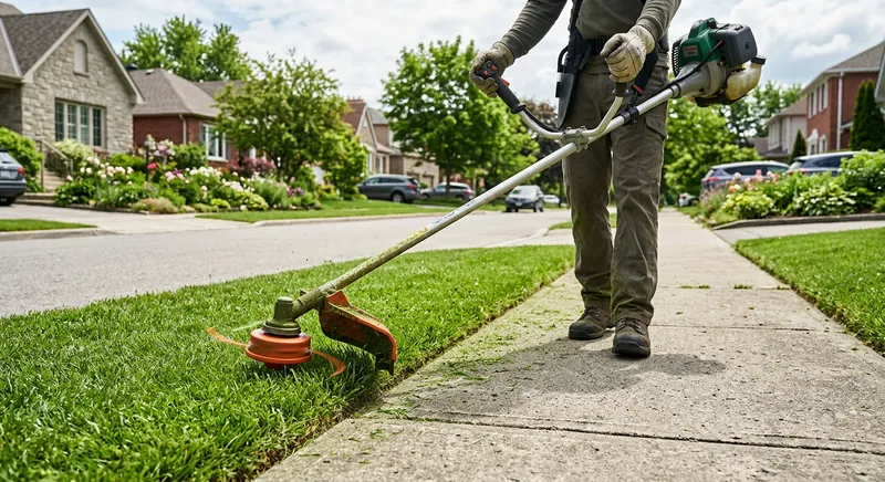 String trimmer edging along a residential sidewalk and fence line