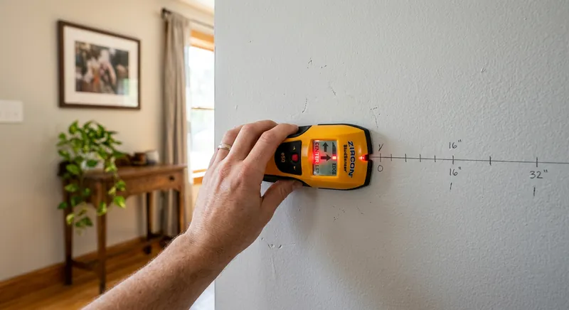 Stud finder being moved across a drywall surface to locate framing
