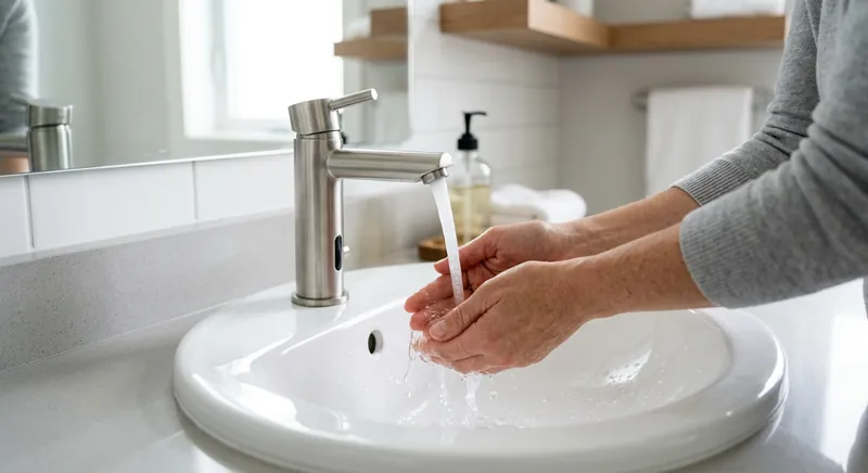 Touchless bathroom faucet with a motion sensor installed on a vanity countertop