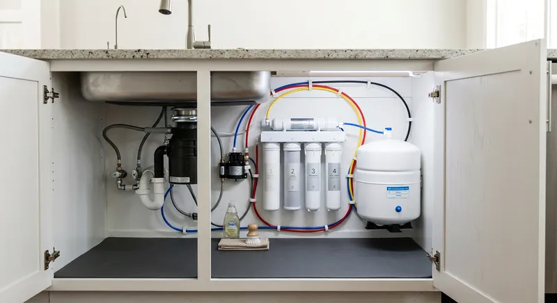 Under-sink water filter system installed below a kitchen sink
