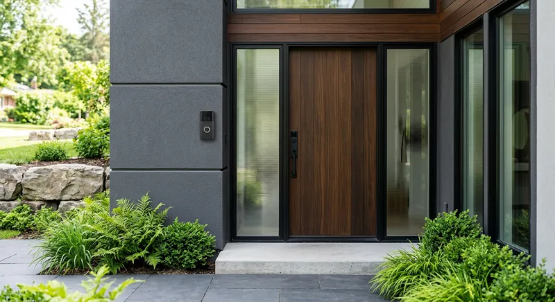 Video doorbell camera mounted beside a front door with a porch visible