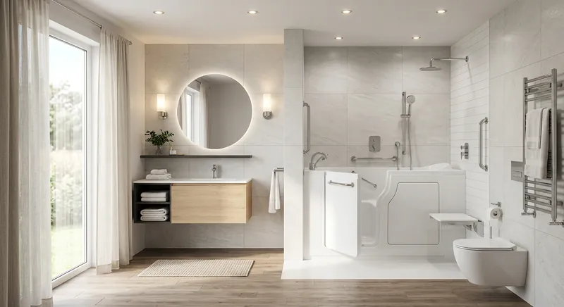 Walk-in tub with a water-tight door installed in a residential bathroom