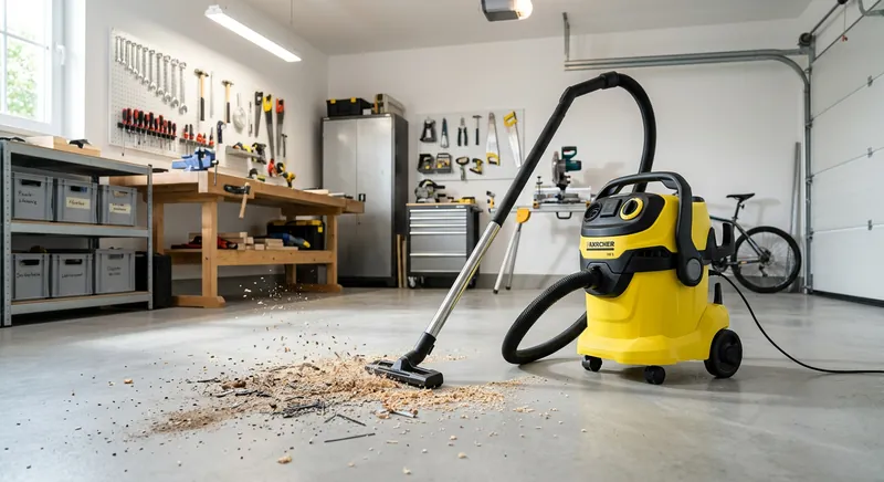 Wet/dry vacuum cleaning up sawdust in a garage workshop
