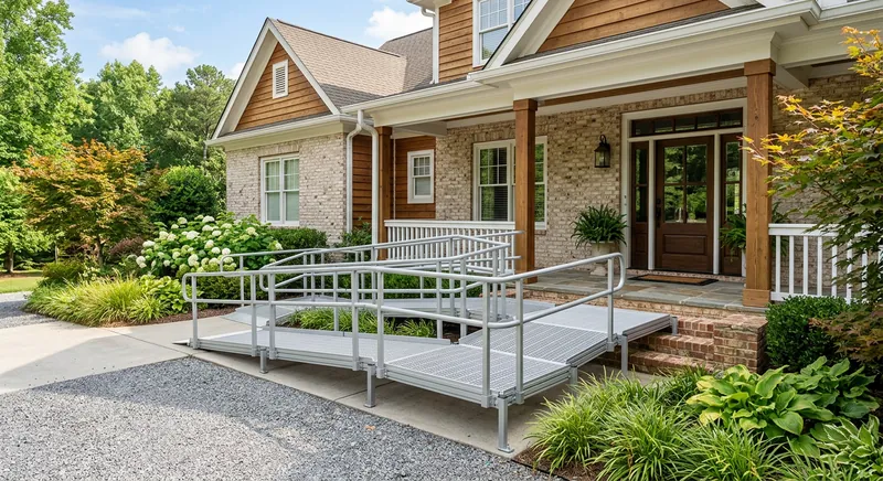 Modular aluminum wheelchair ramp leading up to a residential front entrance