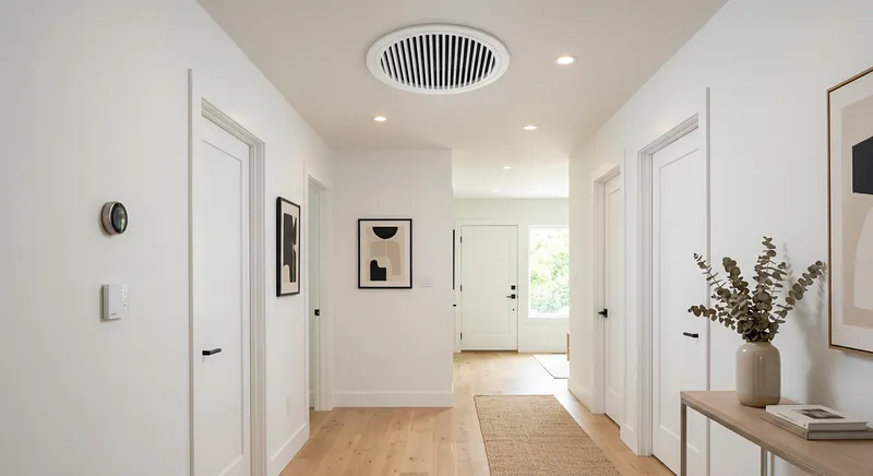 Whole house fan installed in a hallway ceiling with louvers open
