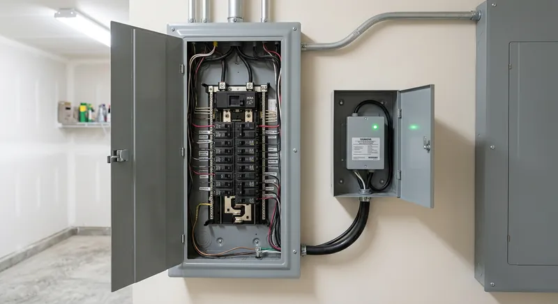 Whole-house surge protector installed next to a home electrical panel