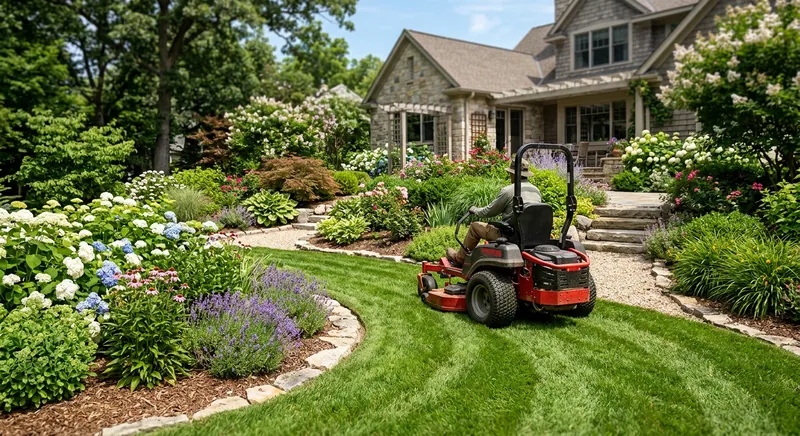Zero-turn mower making a tight turn at the edge of a residential lawn