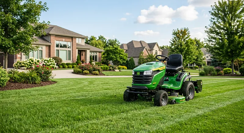 Riding lawn mower on a landscaped suburban yard