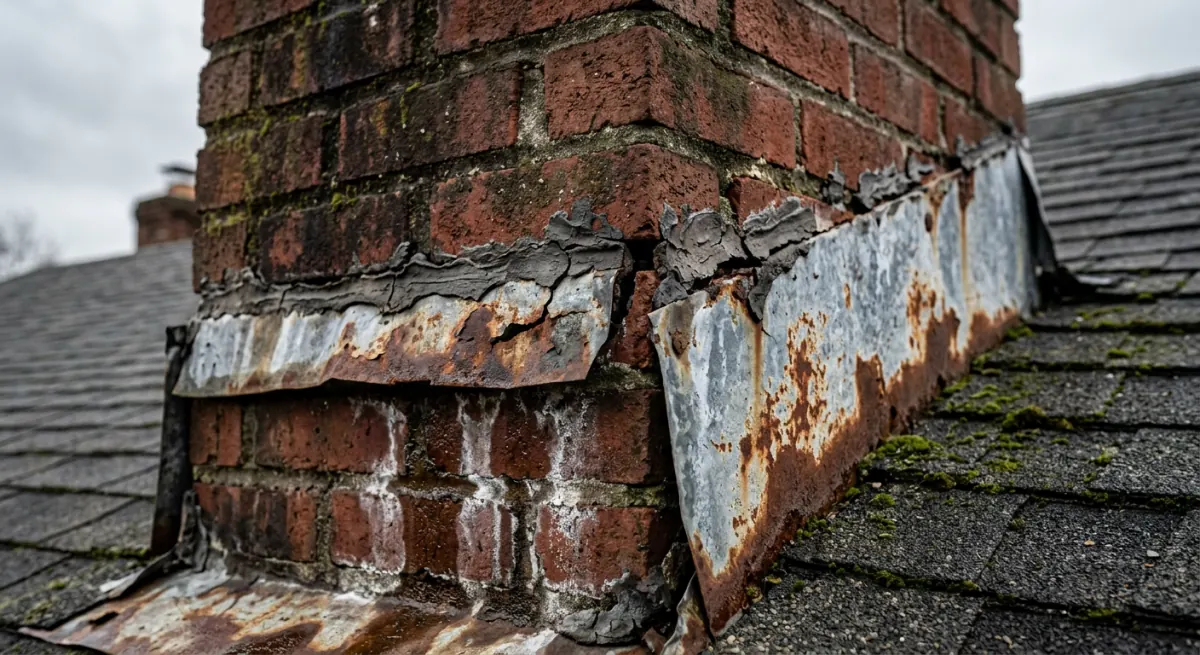 Damaged roof flashing around a chimney showing signs of water infiltration