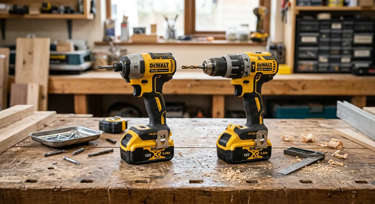 Cordless drill and impact driver side by side on a workbench