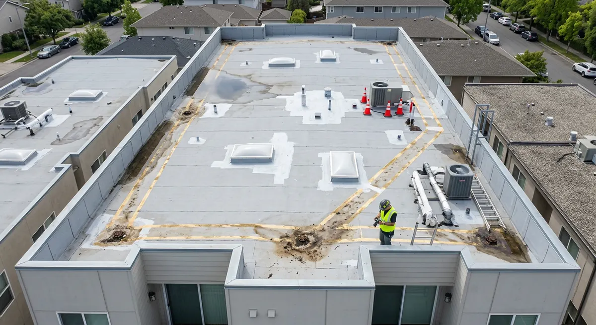 Flat roof being inspected for maintenance with coating and drainage check