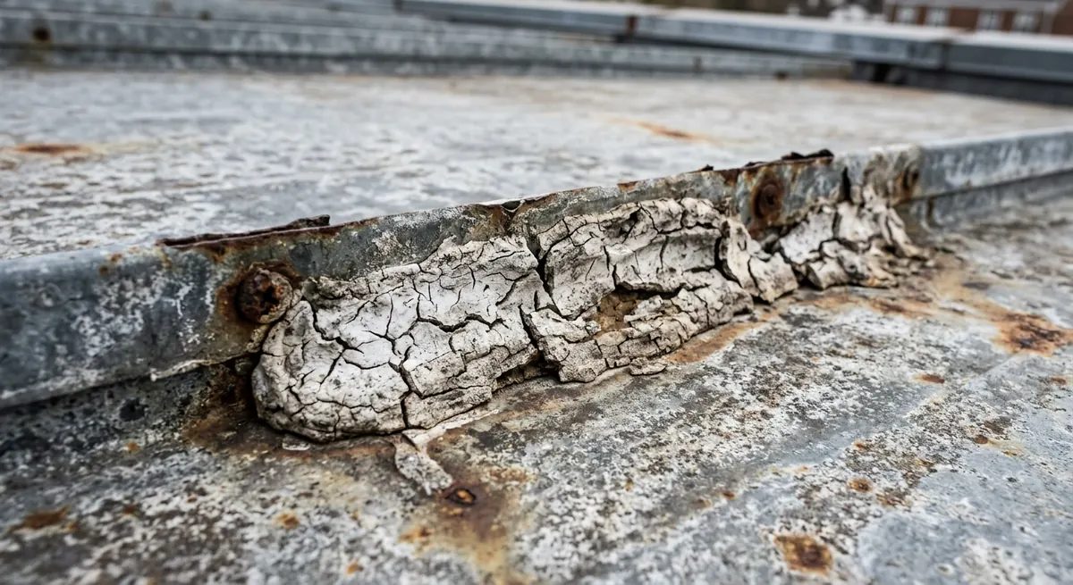 Aged roof sealant showing signs of cracking and weathering on a roof surface
