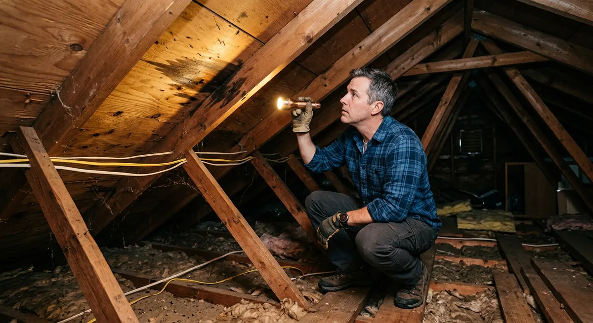 Homeowner inspecting roof flashing near a chimney for signs of a leak
