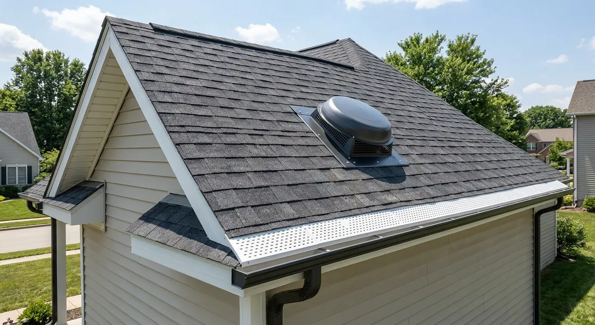 Attic fan with CFM rating label and measuring tape showing attic dimensions