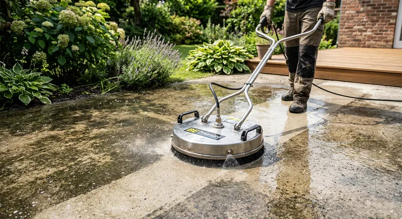 Pressure washer cleaning a concrete driveway with a green 25-degree nozzle