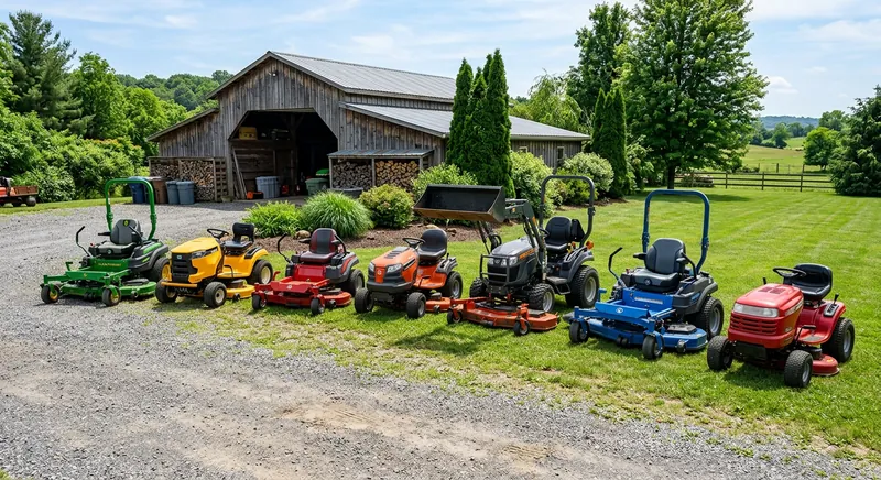 Riding lawn mower parked in a residential garage with the deck visible