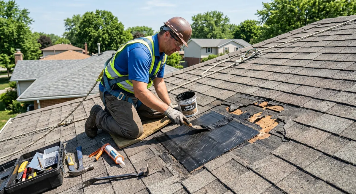 Roofer applying flashing sealant around a chimney during a repair