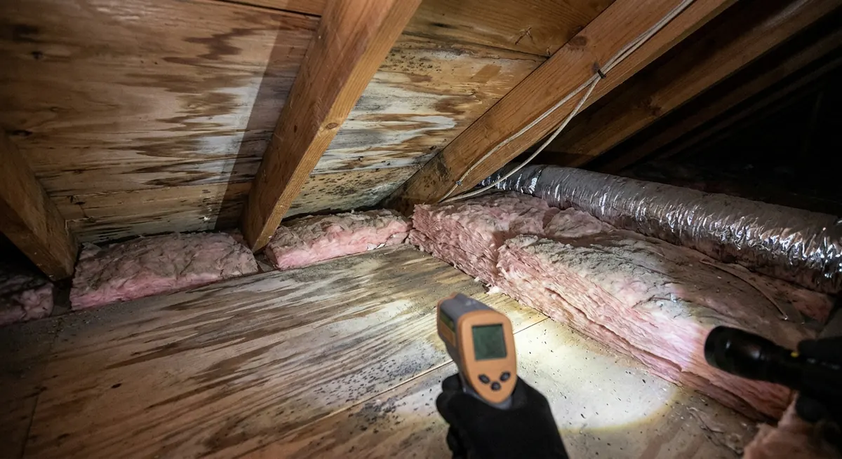Attic interior showing moisture stains and inadequate ventilation with blocked soffit vents
