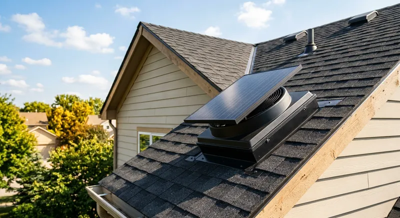 Side-by-side comparison of a solar attic fan and an electric attic fan on a roof