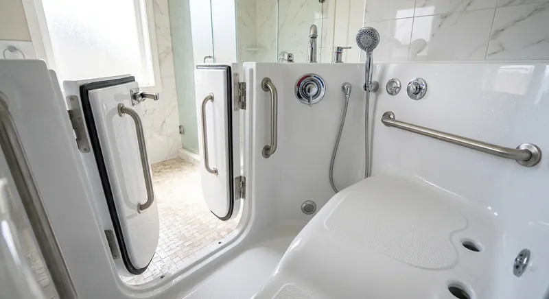 Walk-in tub with a sealed door and built-in contoured seat in a residential bathroom